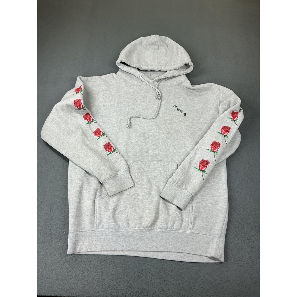 Obey Hoodie Mens Large Gray Rose Sleeve Graphic Fleece Pullover Sweatshirt